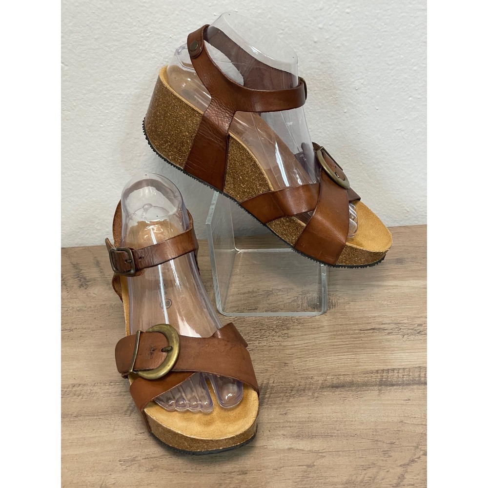 Lolasabbia Eric Michael Wedge Sandals 39 Brown Leather Cork Platform Buckle BOHO